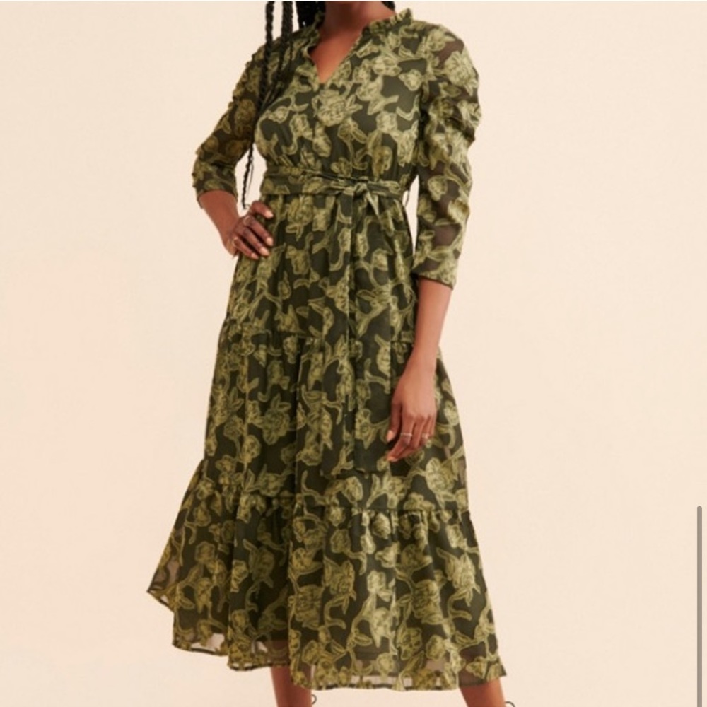Anthropologie Moon River Ruched Sleeve Midi Dress w Waist Belt Olive Size Large